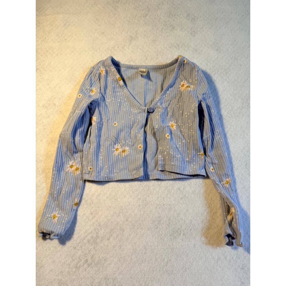 OshKosh B'gosh Girls Blue Daisy Floral Ribbed Cropped Cardigan Sweater Size 5/5A